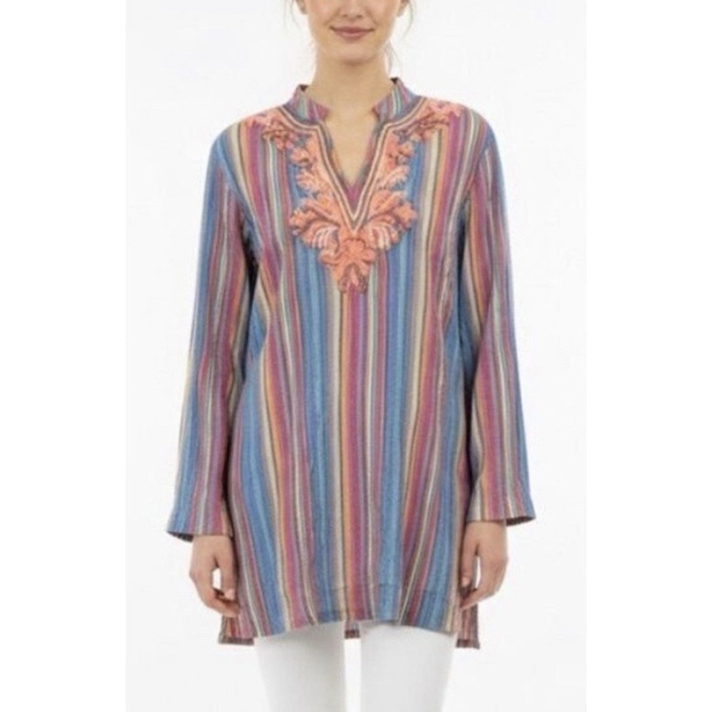 NWT Soft Surroundings Tunic Boho Striped Gauze Crinkle Cotton Embroidered Top 1X
